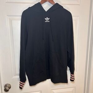 Adidas Women's Large Essential Fleece Oversized Black Hoodie Pink Stripes Large
